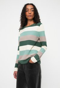 Pull en tricot avec des rayures horizontales en teal, crème et marron, doté de manches longues et d'un col rond. Tissu texturé et coupe décontractée.