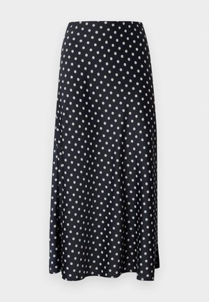 Navy blauwe rok met stippen, gemaakt van een gladde, vloeiende stof, met een middellange snit en een hoge taille met een zijsplit detail.
