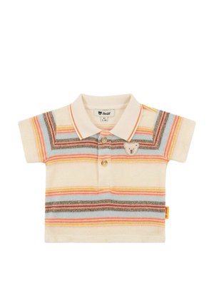 Short-sleeve polo shirt in cream with multicolored horizontal stripes. Features a collar, three buttons, and a teddy bear logo on the chest.