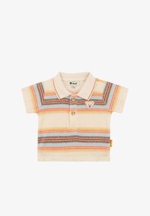 Polo à manches courtes couleur crème avec des rayures horizontales multicolores. Il comporte un col, trois boutons et un logo ours en peluche sur la poitrine.