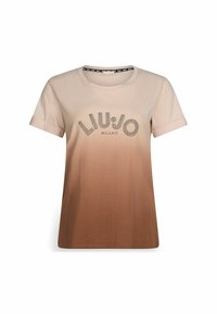 Beige and brown gradient T-shirt made of cotton, featuring a round neck, short sleeves, and "LIU JO MILANO" graphic in dark rhinestones.