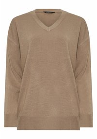 V-Ausschnitt, oversized Pullover in einem hellbraunen Farbton. Weiche Textur mit gerippten Akzenten an den Bündchen und am Saum. Entworfen für eine lässige Passform.