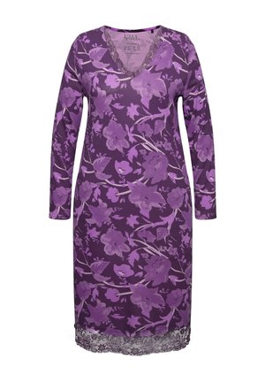 Vestido floral púrpura con escote en V, mangas largas y detalles de encaje en el dobladillo. Fabricado con una tela suave y un patrón vibrante.