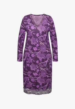 Lila Blumenkleid mit V-Ausschnitt, langen Ärmeln und Spitzenverzierungen am Saum. Aus weichem Stoff mit einem lebhaften Muster gefertigt.