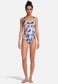 Zwemkleding met een geometrisch patroon in pastelkleuren, voorzien van dunne bandjes, een ronde halslijn en een gladde, rekbare stof.