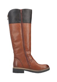 Bottes marron hautes avec une tige en cuir noir, fermeture éclair sur le côté et finition texturée. Dotées d'une semelle en caoutchouc plate et de détails de sangle ajustable.