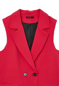 Roter ärmelloser Blazer aus glattem Stoff, mit einem Reverskragen, doppelter Knopfschnürung und schwarzer Innenauskleidung.