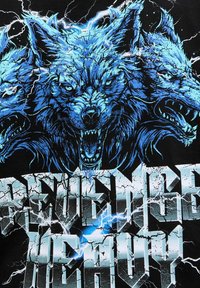 Graphic t-shirt featuring a blue three-headed wolf design with fierce expressions on a black background, accompanied by cracked silver text.