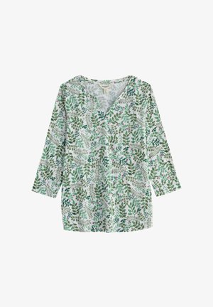 Valge V-kaelusega pika varrukaga särk rohelise lehekujulise ja väikese roosa lillemustriga, lõdva istuvusega, igapäevane stiil.