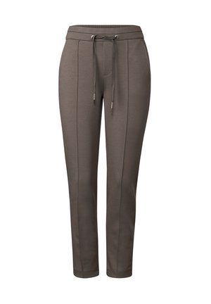 Dark brown jogger pants made from soft fabric, featuring an elastic waistband with a drawstring, tapered legs, and subtle seam detailing.