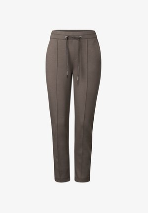 Ciemnobrązowe dżogery wykonane z miękkiej tkaniny, z elastycznym paskiem w talii ze sznurkiem, zwężanymi nogawkami oraz subtelnymi detalami szwów.