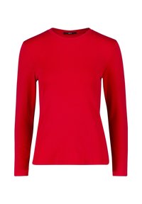 Rotes Langarm-T-Shirt aus weicher Baumwolle; hat einen runden Ausschnitt und einen geraden Schnitt ohne sichtbare Muster oder Akzente.