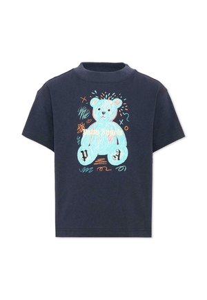 Navyblauw T-shirt met korte mouwen met een kleurrijke, schetsstijl teddybeer en abstracte krabbels aan de voorzijde.