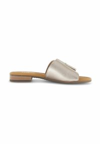 Leren schuifsandalen in metallic goud, open teen ontwerp, platte zool en een enkele band met een subtiele accenten.