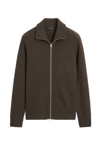 Brązowy sweter w prążki z złożonym kołnierzem i pełnym zamkiem błyskawicznym. Posiada dzianinową teksturę i długie rękawy. Miękka tkanina o dopasowanym kształcie.