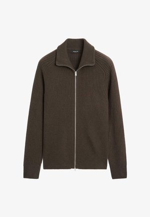 Brown ribbed sweater with a folded collar and full zipper. Features knit texture and long sleeves. Soft fabric with a fitted shape.