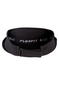 Must musta Flexfit 110 korks, millel on sile kangast välispind, pehme sisevooder, reguleeritav rihm ja struktureeritud, kuid samas paindlik kuju.
