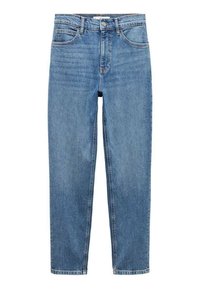 Jean en denim bleu à coupe droite avec cinq poches et une fermeture par bouton et fermeture éclair, présenté à plat sur un fond blanc.