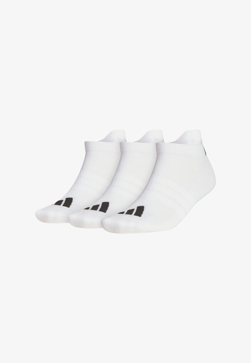 Drei Paar weiße Knöchelsocken mit geriffelter Textur, elastischen Bündchen und schwarzen Streifenakzenten an den Zehen.