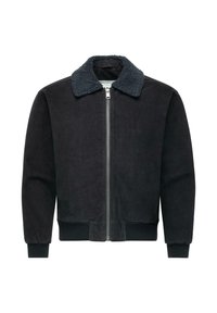 Sort fløjlssjakke med en struktureret krave lavet af blødt fleece. Har en for-lynlås og ribbede manchetter og kant.