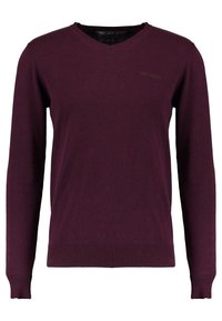 Męski sweter z długim rękawem, w serek, w jednolitym ciemnofioletowym kolorze, z prążkowanymi mankietami i dołem, z delikatnie haftowanym logo marki na piersi.