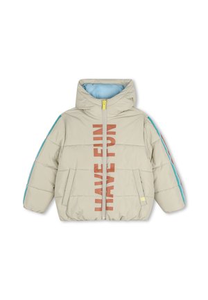 Veste enfant matelassée beige clair avec doublure intérieure bleue, capuche, bandes latérales, poches avant, tirette de fermeture éclair jaune et texte "HAVE FUN" sur le devant.