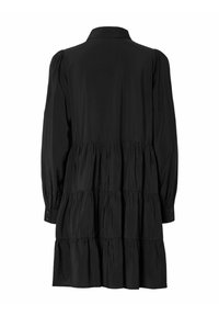 Vestito nero con colletto, maniche lunghe, design a strati e polsini con bottoni, realizzato in tessuto morbido, presenta una silhouette fluida.