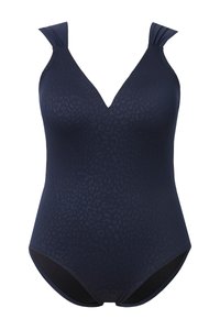 Marineblauer Einteiler mit dezentem Leopardenmuster, V-Ausschnitt und breiten Schulterträgern mit gerafften Details.