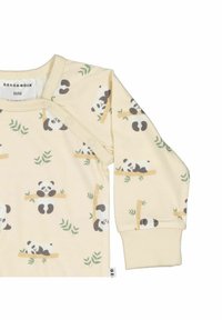 Krämfärgad babybodysuit med långa ärmar och tryckknappar, prydd med lekfulla svartvita pandor på bambugrenar och små gröna blad.
