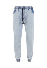 Lyseblå joggebukser med elastisk midje, snor, og elastiske mansjetter; har sidelommer og en denimpladerende tekstur.