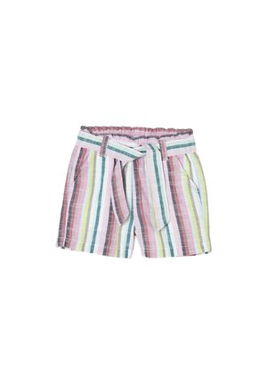 Pantalones cortos ligeros a rayas en rosa, verde, amarillo y blanco. Cuentan con cintura elástica, cinturón para anudar y bolsillos laterales. Tela de algodón.