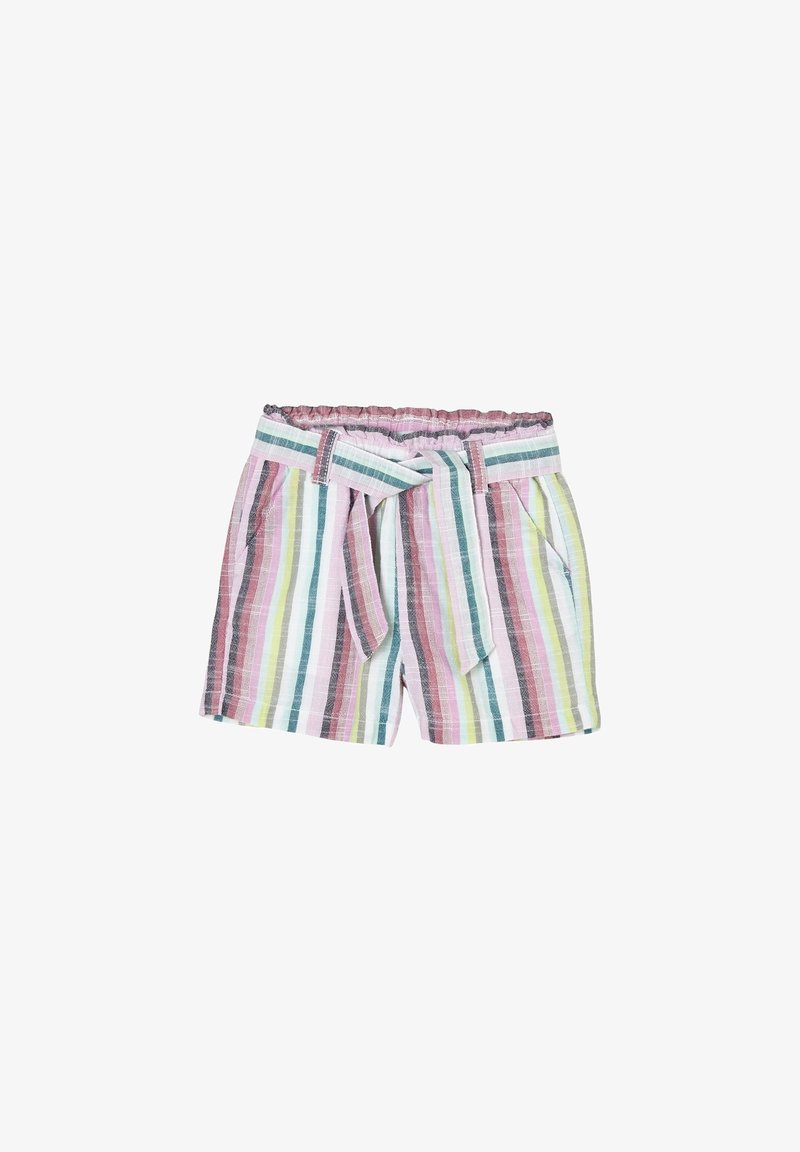 Shorts légers rayés en rose, vert, jaune et blanc. Dotés d'une taille élastique, d'un cordon de serrage et de poches latérales. Tissu en coton.
