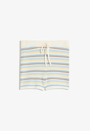 Gestreifte Schwimmshorts in hellblau, gelb und braun, mit einer gerippten Textur und einem cremefarbenen Kordelzugbund.