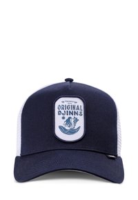 Granatowa i biała czapka trucker z naszywką "Original Djinns" z kobieta trzymającą rośliny w łodzi na przednim panelu.