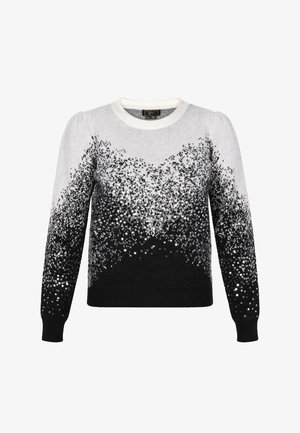 Sweter dziergany w gradient od jasnoszarego do czarnego, ozdobiony srebrnymi cekinami, wykończony ściągaczami przy mankietach i dekolcie.