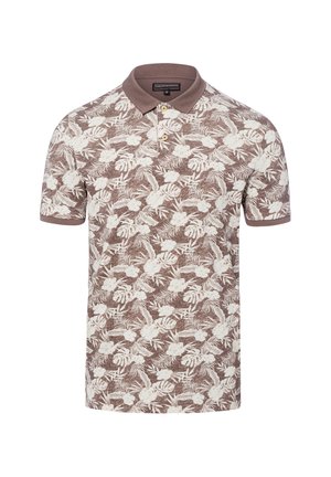 Braunes Poloshirt mit kurzen Ärmeln, beigem Blumen- und Blattmuster, Knopfleiste mit zwei Knöpfen sowie einfarbigem braunem Kragen und Ärmelbündchen.