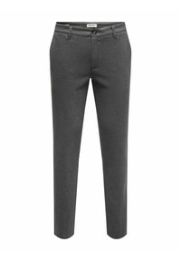 Pantalons gris ajustés en mélange de coton. Dotés d'une fermeture à bouton, de passants de ceinture et de poches latérales avant avec une texture lisse.