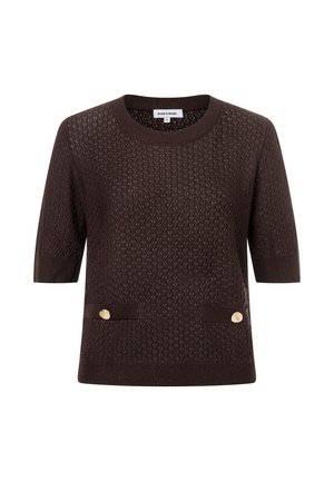 Brown knitted sweater with short sleeves, round neckline, textured pattern, and two gold-tone buttons on the front pockets.