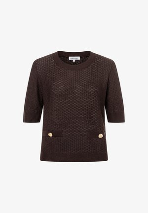 Brown knitted sweater with short sleeves, round neckline, textured pattern, and two gold-tone buttons on the front pockets.
