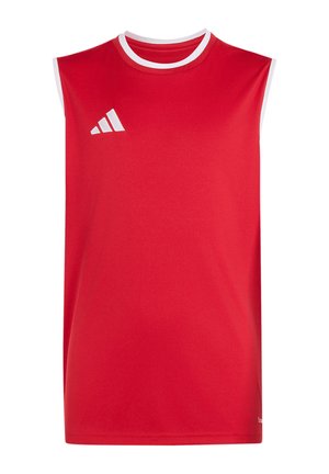 Czerwona sportowa koszulka bez rękawów z białym wykończeniem kołnierza i otworów na ręce, z białym logo Adidas na górnej lewej części klatki piersiowej.