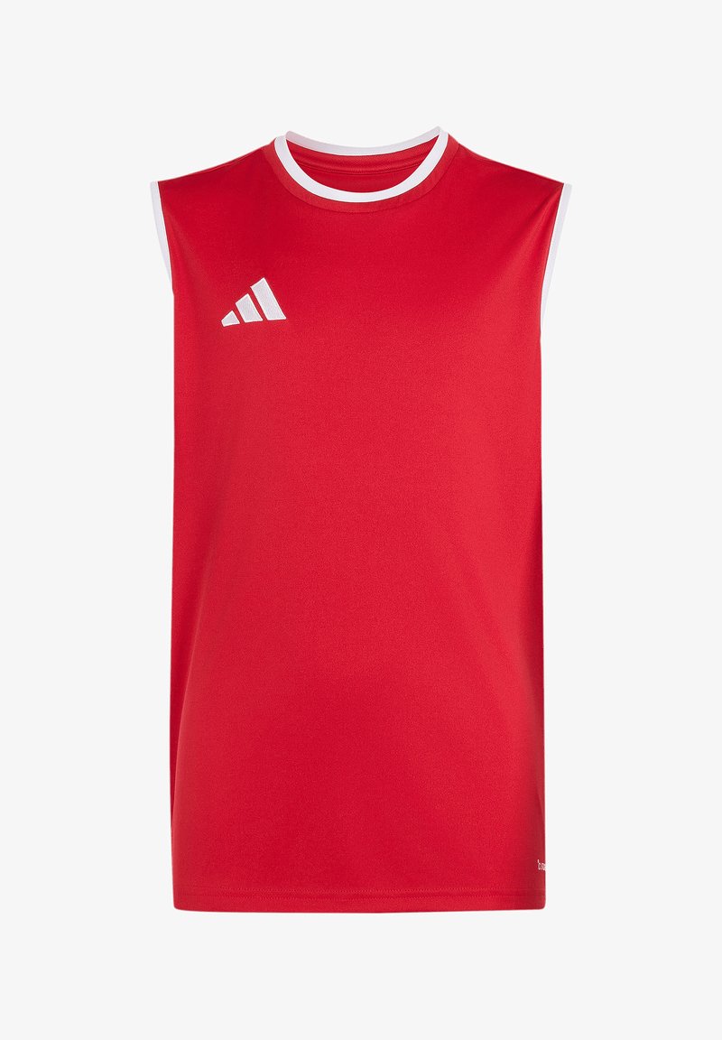 Maillot de sport rouge sans manches avec bordure blanche au col et aux emmanchures, avec un logo Adidas blanc sur la partie supérieure gauche de la poitrine.