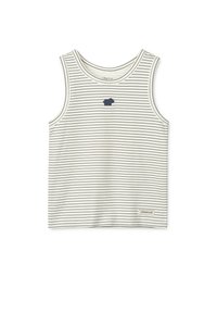 Stripet tanktopp i hvitt og marineblått, med en liten marineblå dyrelogo på brystet og en vevd etikett nederst.