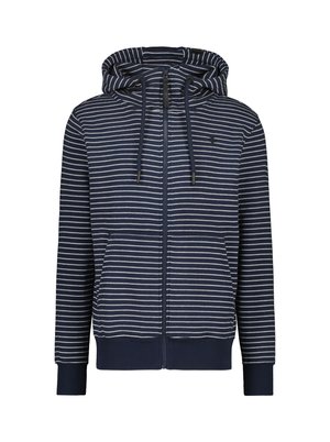 Hoodie mit Marine-Streifen, Reißverschluss vorne, verstellbarem Kordelzug an der Kapuze, Seitentaschen und gerippten Bündchen. Hergestellt aus weichem Stoff mit glattem Griff.