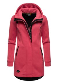 Pink fleece long coat with a black inner lining, zippered front, two side pockets, and a hood. Features ribbed texture and accent hardware.