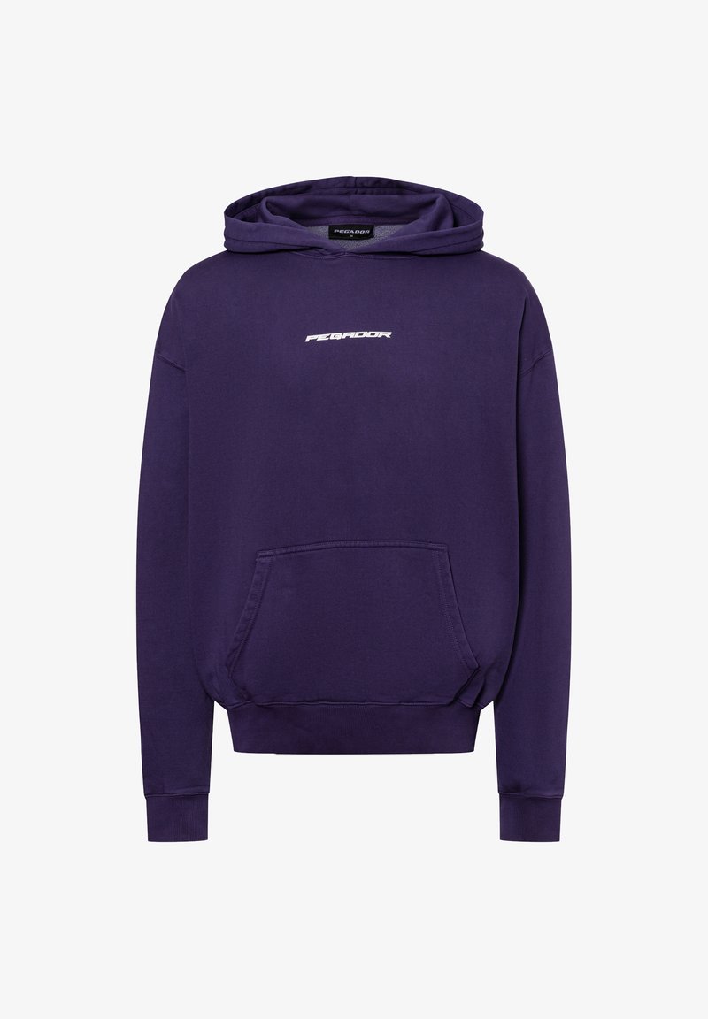 Felpa con cappuccio viola in misto cotone, dotata di tasca frontale, polsini a coste e logo bianco "PEGADOR" sul petto. Texture morbida.