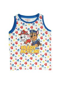 Débardeur pour enfants en tissu blanc avec des bordures bleues, personnages de dessins animés et empreintes de pattes colorées en rouge, jaune et bleu. Texte : "PRÊT POUR L'ACTION !"