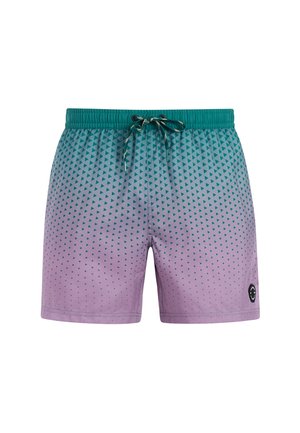 Costume da bagno con sfumatura dal verde acqua al lavanda, caratterizzato da un motivo geometrico a triangoli e da una cintura elastica con coulisse regolabile.