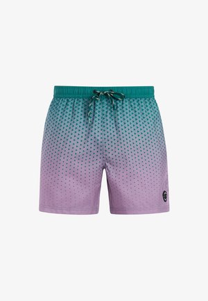 Zwemshorts met een verloop van groenblauw naar lavendel, voorzien van een geometrisch driehoekpatroon en een elastische tailleband met verstelbare trekkoorden.