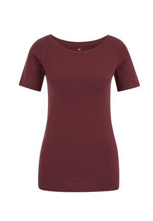 Chemise à manches courtes bordeaux en tissu lisse, présentant un large col rond et une silhouette ajustée. Aucun motif ou accent notable.