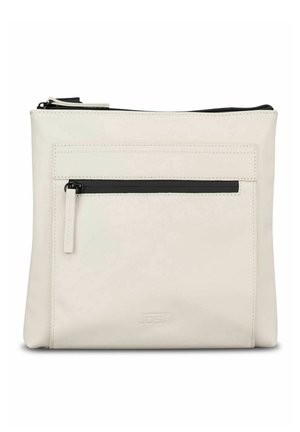 Pochette rectangulaire en cuir couleur crème avec une poche avant à fermeture éclair noire et une fermeture éclair supérieure, détails des coutures visibles.